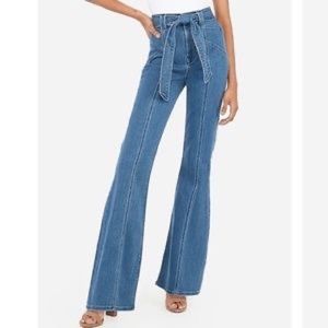 Express High Waisted Tie Belt Slim Flare Seamed Jeans